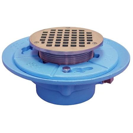 Jones Stephens 3in No Hub Code Blue Floor Drain, 9in Pan, 6in Nickel Bronze Round Strainer, Height 3-5/8in-5-5/8in D66583